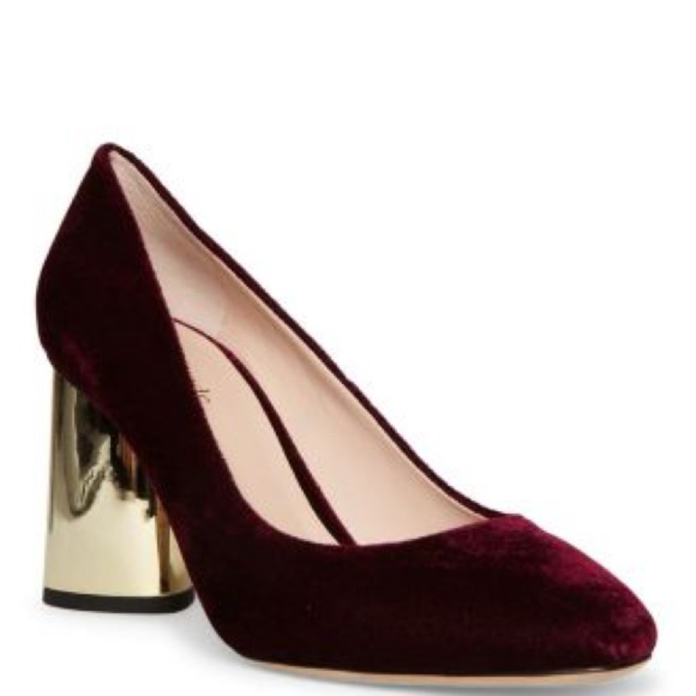 Kate Spade New York Sybil Velvet Pumps Burgundy Gold Crystal Heel Size 8 NIB